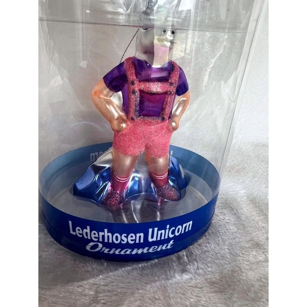 Lederhosen Unicorn Ornament Archie McPhee Pink Purple Glass Glitter Weird‎ Xmas